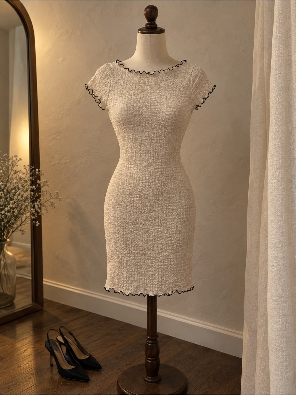 H&M Cream Textured Sheath Dress with Black Ruffle Trim